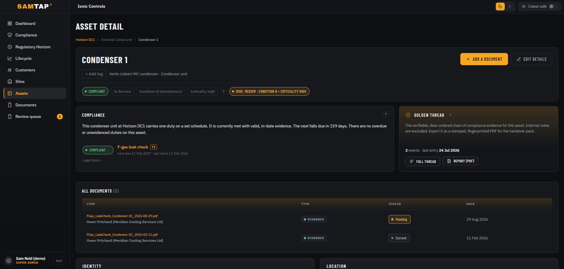 SAMTAP asset detail record showing identity, location, condition, compliance and Golden Thread access