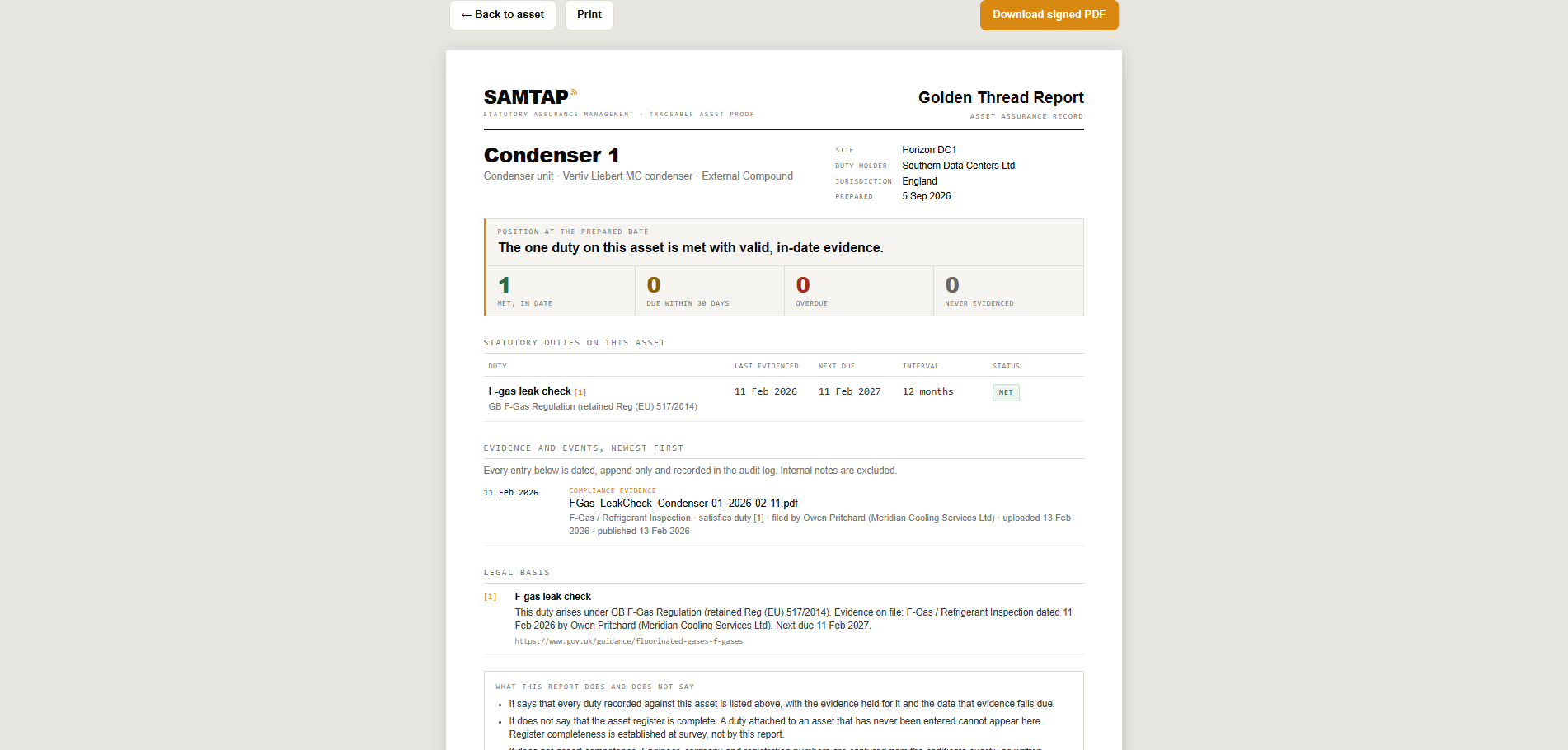 SAMTAP signed Golden Thread Report showing asset duties, evidence events and legal basis